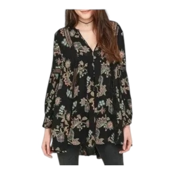 Free People Just The Two Of Us Floral Boho Tunic Top Black Small - Picture 5 of 10